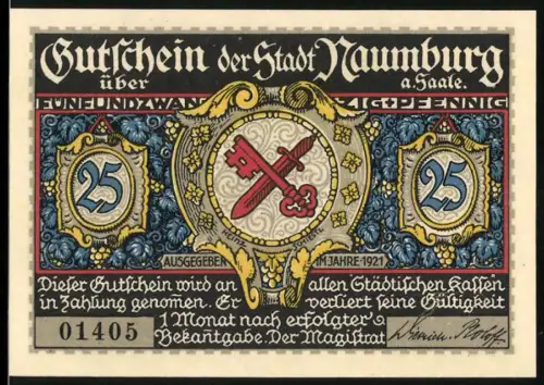 Notgeld Naumburg a. Saale 1921, 25 Pfennig, Stadtwappen und Wenzelstor