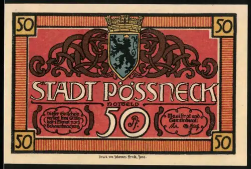 Notgeld Pössneck, 50 Pfennig, Wappen und tanzende Bürger