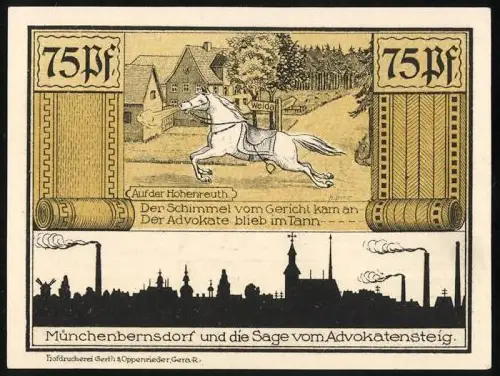 Notgeld Münchenbernsdorf 1921, 75 Pfennig, Reiter und Mönch mit Stadtgeschichte und Sage vom Advokatensteig