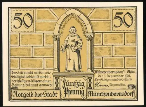 Notgeld Münchenbernsdorf 1921, 50 Pfennig, Mönch und Reiter mit Begleiter in Ortsansicht
