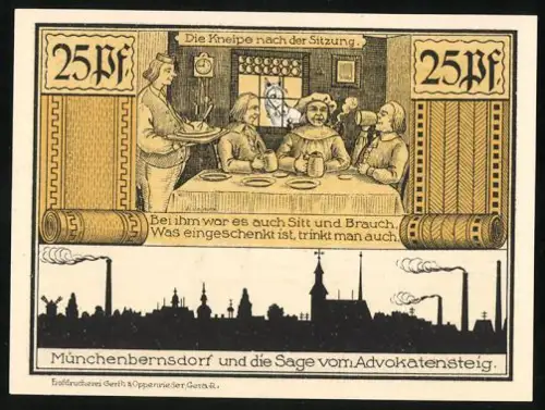Notgeld Münchenbernsdorf 1921, 25 Pfennig, Wirtshausszene und Mönch im Torbogen