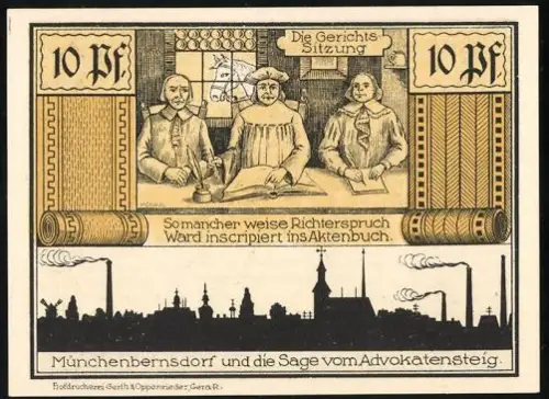 Notgeld Münchenbernsdorf 1921, 10 Pfennig, Gerichtsszene und Mönch in der Nische