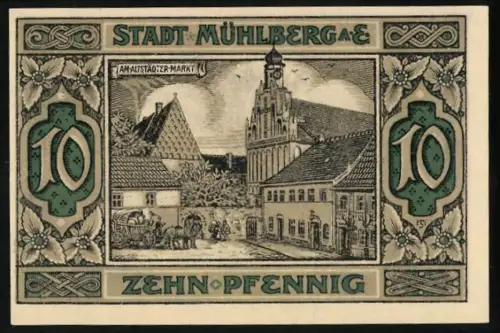 Notgeld Mühlberg a. E. 1921, 10 Pfennig, Ortsansicht und historische Szenen mit Wappen