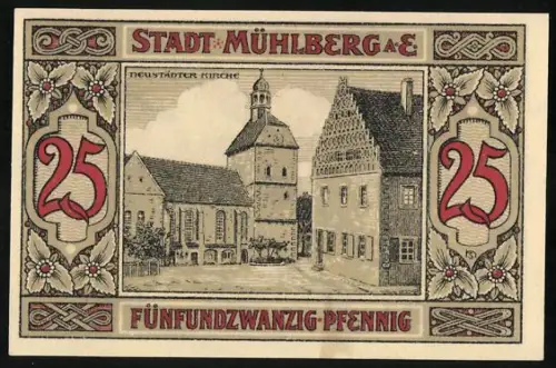 Notgeld Mühlberg a. E. 1921, 25 Pfennig, Neustädter Kirche und historische Medaillons mit rotem Wappen