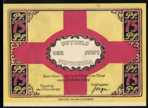 Notgeld Papenburg 1921, 75 Pfennig, humorvolle Karikatur eines Gesprächs zwischen zwei Figuren