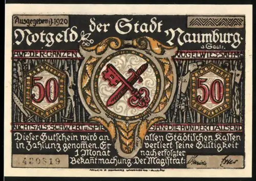Notgeld Naumburg a. Saale 1920, 50 Pfennig, Wappen mit Schlüsseln und Silhouetten von Figuren in Klage