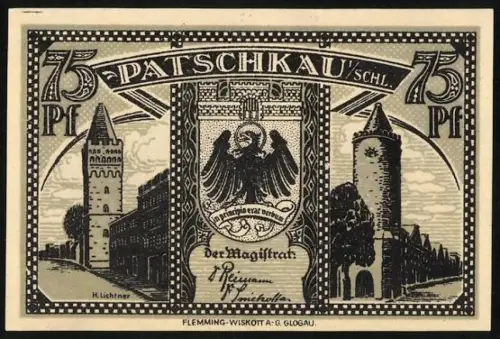 Notgeld Patschkau i. Schl., 75 Pf, Ortsansicht mit Türmen und Mauern