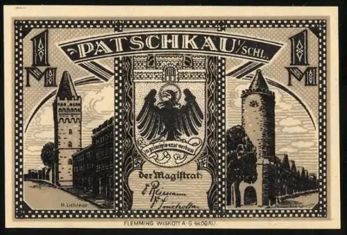 Notgeld Patschkau i. Schl., 1 Mark, Ortsansicht mit Wappen und Silhouetten