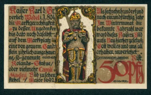 Notgeld Wedel 1921, 50 Pfennig, Rolandstatue und Wappen