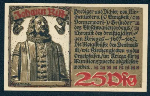 Notgeld Wedel 1921, 25 Pf, Johann Rist, Porträt und Stadtwappen
