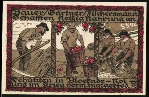 Notgeld Wedel 1921, 1 Mark, Bauern und Fischer bei der Arbeit, Wappen der Stadt Wedel