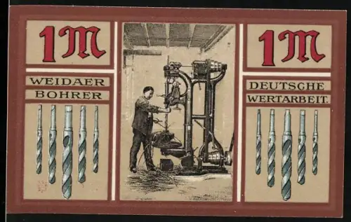 Notgeld Weida, 1 Mark, Bohrer und Maschinenarbeit mit Stadtwappen