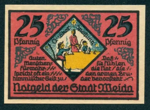 Notgeld Weida 1921, 25 Pfennig, Abendmahl und Ortsansicht mit Wappen