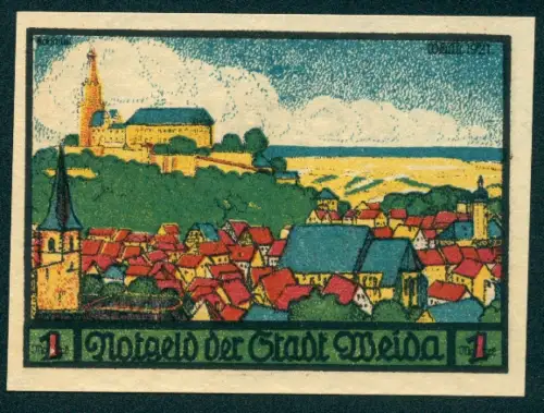 Notgeld Weida, 100 Pfennig, Ortsansicht mit Schloss und Stadtwappen