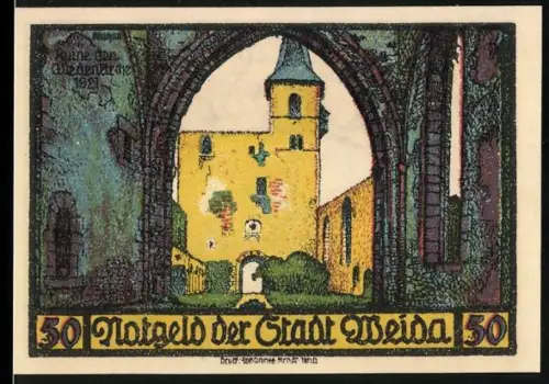 Notgeld Weida 1921, 50, Burgruine und Ortsansicht mit Wappen