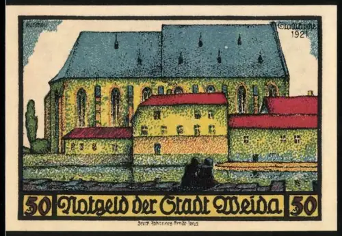 Notgeld Weida 1921, 50 Pfennig, Ortsansicht und Kirche, Stadtwappen