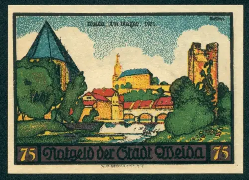 Notgeld Weida 1921, 75 Pfennig, Ortsansicht mit Burg, Fluss und Brücke, historisches Stadtbild von 1655