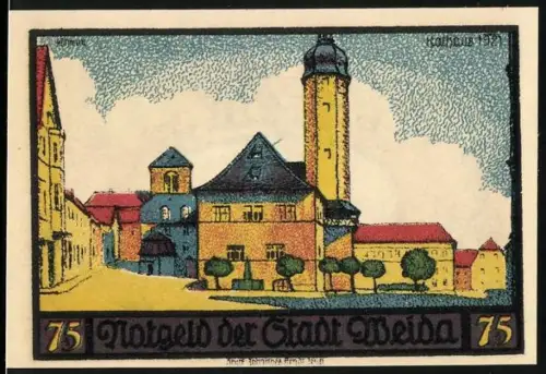 Notgeld Weida 1921, 75 Pfennig, Stadtszene mit Turm und historische Ortsansicht, Wappen