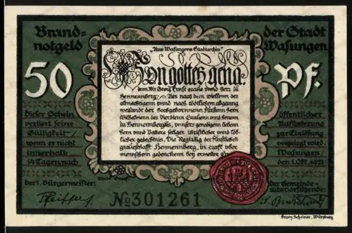 Notgeld Wasungen 1921, 50 Pf, zerstörte Gebäude und Textpassage, Wappen mit rotem Siegel