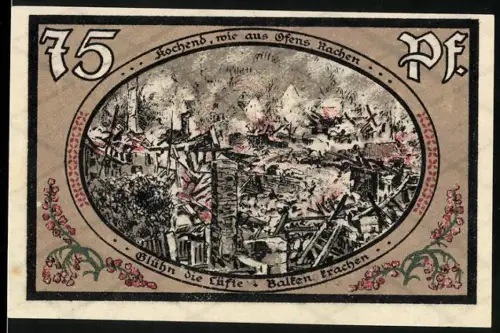 Notgeld Wasungen 1921, 75 Pf, brennende Stadt und Damenstift