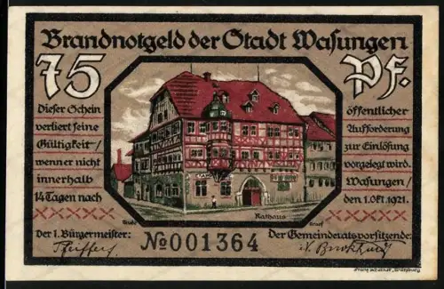Notgeld Wasungen 1921, 75 Pf, Rathaus mit Brandszene