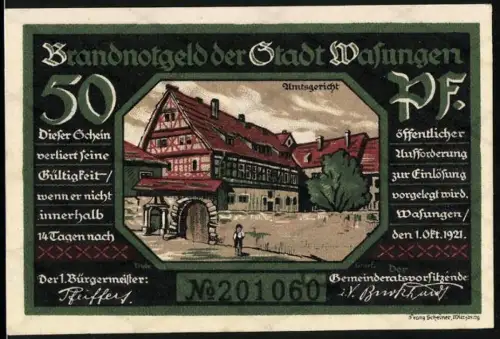 Notgeld Wasungen 1921, 50 Pfennig, Amtsgericht und zerstörte Ortsansicht nach Brand