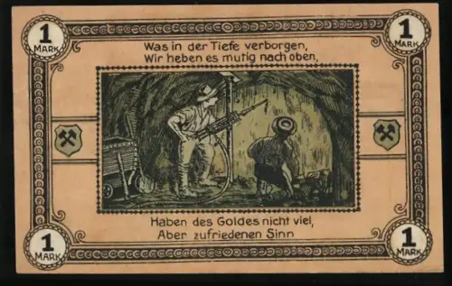 Notgeld Wattenscheid 1921, 1 Mark, Bergleute im Stollen bei der Arbeit
