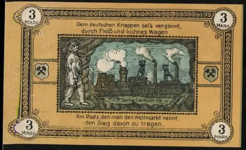 Notgeld Wattenscheid 1921, 3 Mark, Bergmann und Fabrik mit rauchenden Schornsteinen
