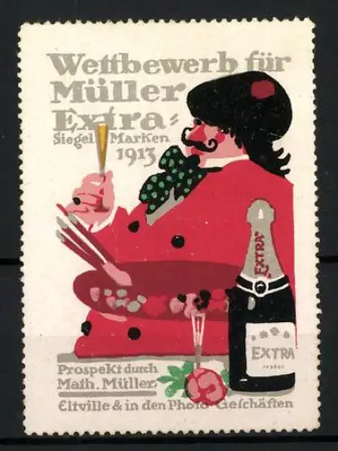 Reklamemarke Eltville, Wettbewerb für Müller Extra Sekt 1913, Kunstmaler mit Sektflasche