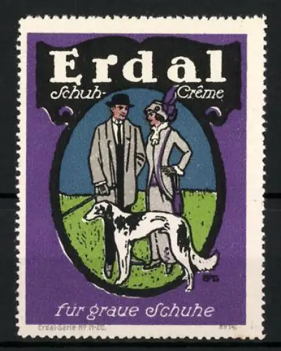 Reklamemarke Erdal Schuh-Crème, Für graue Schuhe, Paar mit Hund