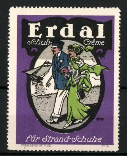 Reklamemarke Erdal, Schuh-Crème, Paar am Strand mit Schiffmodell