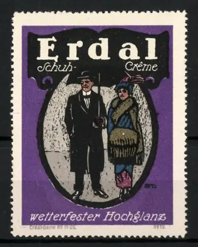 Reklamemarke Erdal, Schuh-Crème, elegantes Paar mit Regenschirm
