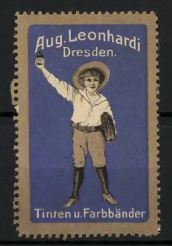 Reklamemarke Dresden, Aug. Leonhardi Tinten u. Farbbänder, Schulknabe mit Tinte