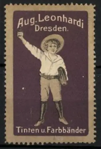 Reklamemarke Dresden, Aug. Leonhardi, Knabe mit Tintenfass