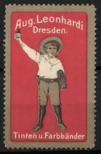 Reklamemarke Dresden, Aug. Leonhardi, Junge mit Tintenflasche, rot