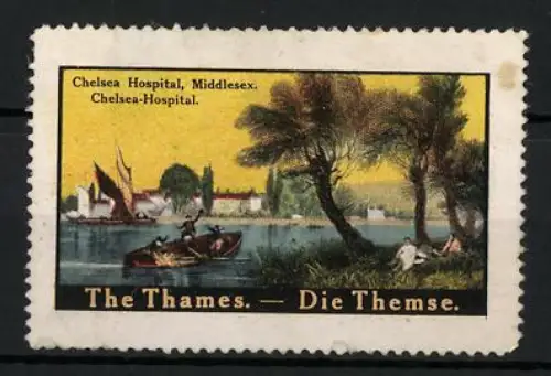 Reklamemarke London, Chelsea-Hospital, Themse mit Booten und Palmen