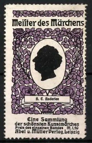 Reklamemarke Leipzig, Abel & Müller Verlag, Meister des Märchens, Silhouette von H. C. Andersen