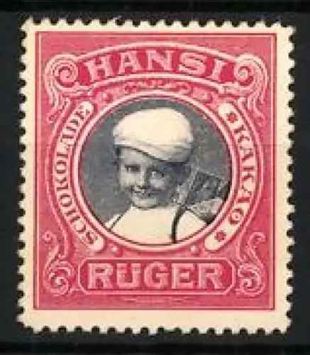 Reklamemarke Hansi Rüger, Schokolade Kakao, lächelndes Kind mit Schokolade