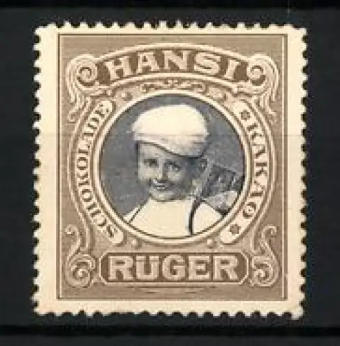 Reklamemarke Hansi Rüger, Schokolade Kakao, Knabe mit Mütze