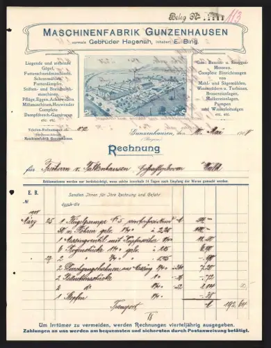 Rechnung Gunzenhausen 1908, Maschinenfabrik Gunzenhausen, Fabrik für Motoren, Turbinen, Pumpen, Werksgelände