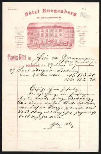 Rechnung Düsseldorf 1877, Hotel Ruegenberg, Benratherstrasse 14, Fassade des Hotels