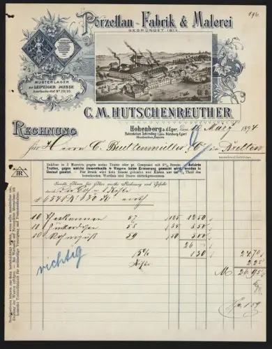 Rechnung Hohenberg a. d. Eger 1894, Porzellan-Fabrik & Malerei, C. M. Hutschenreuther, Werksgelände aus der Vogelschau