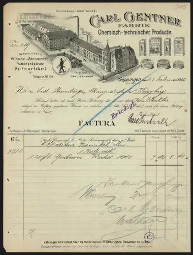 Rechnung Göppingen 1900, Carl Gentner, Fabrik Chemisch-technischer Produkte, Fabrik für Waschpräparate, Werksgelände