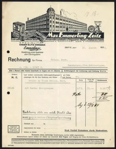 Rechnung Zeitz 1934, Max Emmerling Kindernährzwieback- u. Teigwarenfabrik, Herst. aller Eierteigwaren, Fabriksansicht