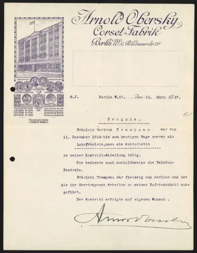 Rechnung Berlin 1917, Arnold Obersky, Corset-Fabrik, Fassade der Fabrik