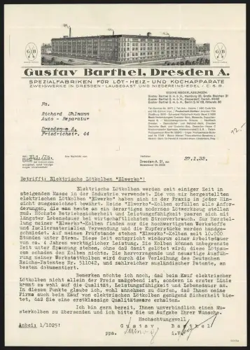 Rechnung Dresden A. 1932, Gustav Barthel, Fabrik für Löt-, Heiz- und Kochapparate, Gesamtansicht der Fabrik