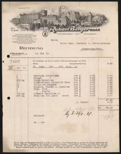 Rechnung Pössneck 1933, Robert Berger GmbH, Schokoladen- und Kakaofabrik, Gesamtansicht der Fabrik