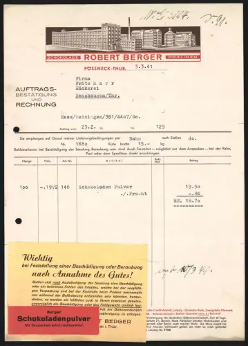 Rechnung Pössneck /Thür. 1941, Robert Berger, Fabrik für Schokolade und Pralinen, Gesamtansicht der Fabrik