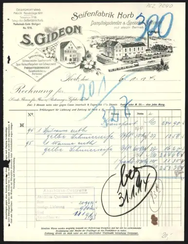 Rechnung Horb 1914, S. Gideon, Seidenfabrik Horb, Dampftalgschmelze, Kernseifenpulver, Werksgelände