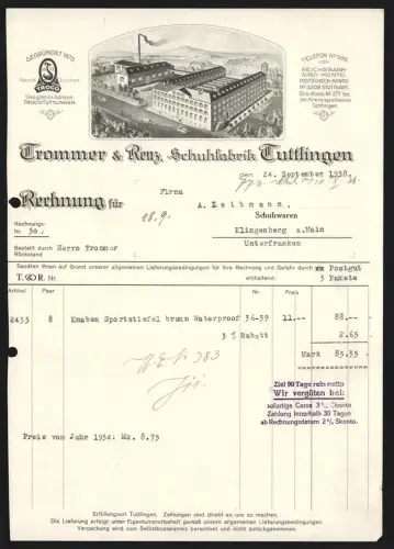 Rechnung Tuttlingen 1938, Trommer & Renz Schuhfabrik, Werksgelände aus der Vogelschau